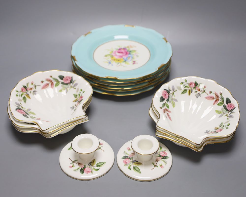 Set of six Royal Crown Derby porcelain dishes signed Garnett, six Wedgwood scallop shell dishes and a pair of dwarf candlesticks.